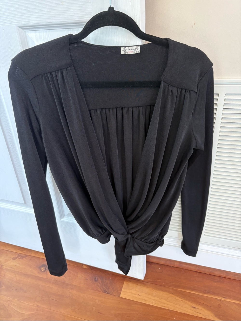 Free People Black Draped Front Long Sleeve Bodysuit